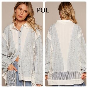 POL Light Blue and White Eyelet & Mesh Button-Up Shirt